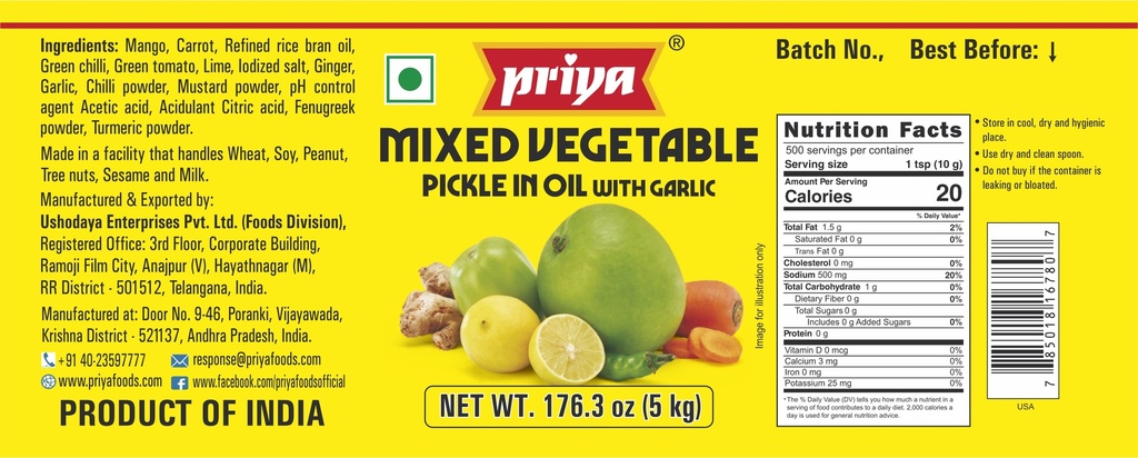 Mixed Vegetable Pickle W/ Garlic